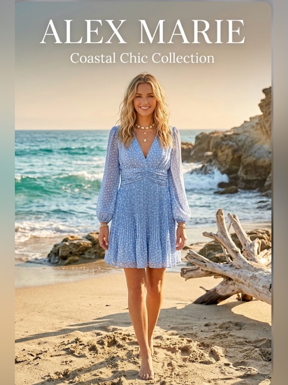 NWT ~ Alex Marie Light Blue Dot V‑Neck Long Sleeve Mini Dress ~ Size Petite L